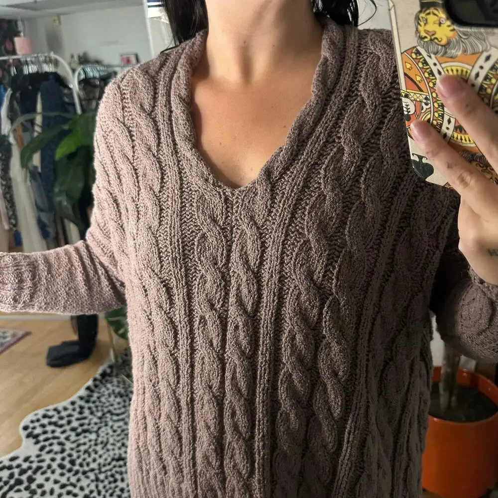 Free People Easy Cable V-Neck Sweater Mushroom Brown Size XS Cottagecore